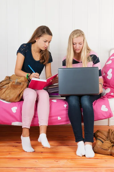 Two teen girls making homework together — Stock Photo, Image