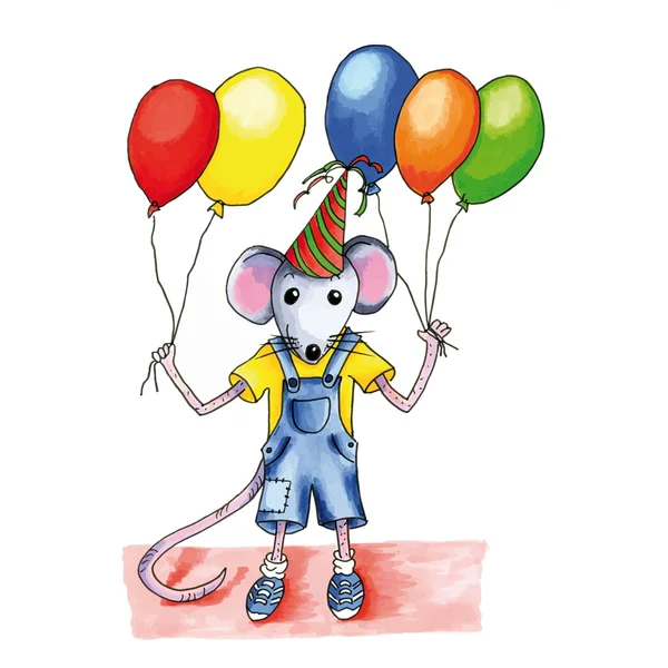 Balões de aniversário do mouse — Vetor de Stock