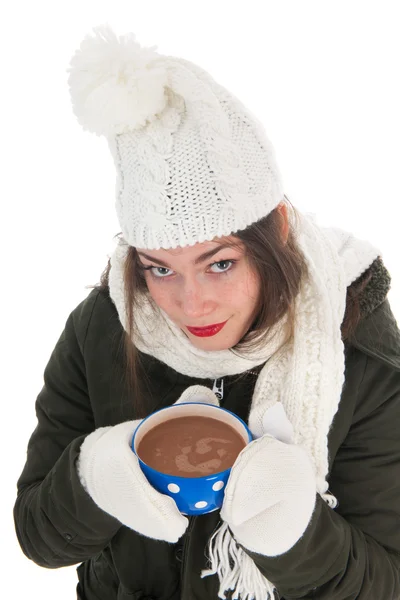 Retrato menina de inverno com chocolate quente — Fotografia de Stock