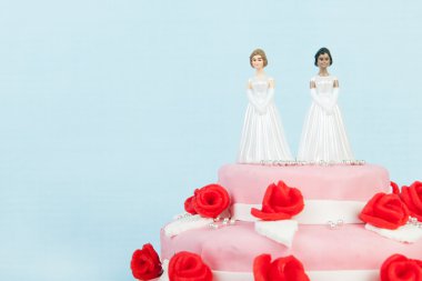 Lezbiyen çift ile düğün pastası