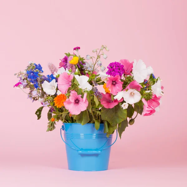 Färgglada trädgård blommor i hink — Stockfoto