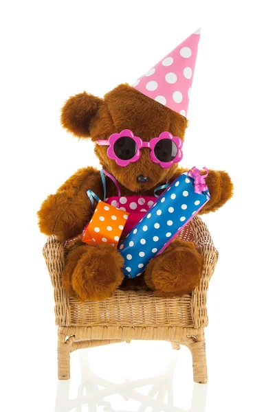 Funny stuffed bear with gifts — Stock Photo, Image