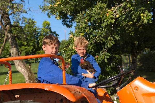 Garçons de ferme sur tracteur — Photo