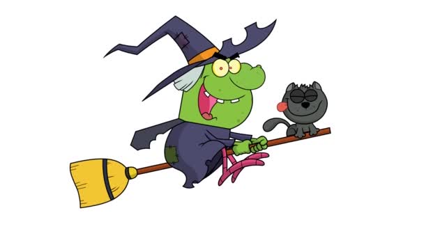 Halloween Heks Kat Vliegen Een Broom Stick Animatie Video Motion — Stockvideo