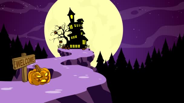 Bruxa Halloween Gato Voando Uma Vara Vassoura Gráficos Movimento Vídeo — Vídeo de Stock