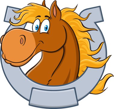 At Kafa Çizgi Filmi At nalı Maskot Karakteri. Raster Resimleri Beyaz Arkaplanda İzole Edildi