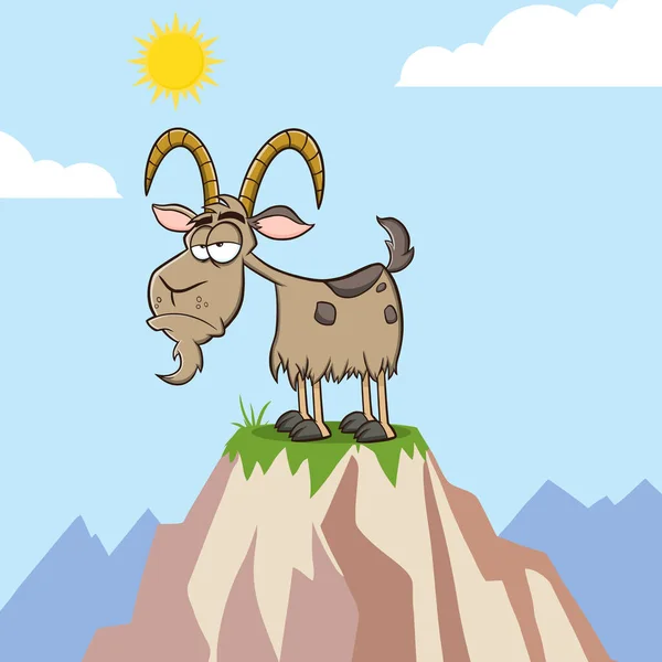 Grumpy Goat Cartoon Mascot Χαρακτήρα Στην Κορυφή Ενός Βουνού Εικονογράφηση — Διανυσματικό Αρχείο