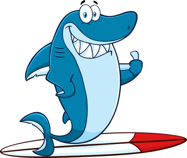 Smiling Blue Shark Cartoon Mascot Character Surfing Holding Thumb Raster — Stock Vector