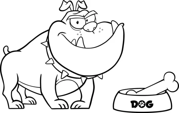 Black White Bulldog Cartoon Character Bowl Bone Vector Illustration Background — Stock Vector