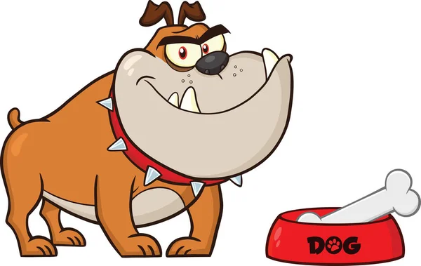 Personaje Dibujos Animados Bulldog Sonriente Con Tazón Hueso Ilustración Vectorial — Vector de stock