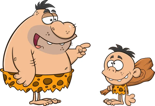 Caveman Vater Gespräch Mit Caveman Boy Vektor Illustration Auf Weißem — Stockvektor