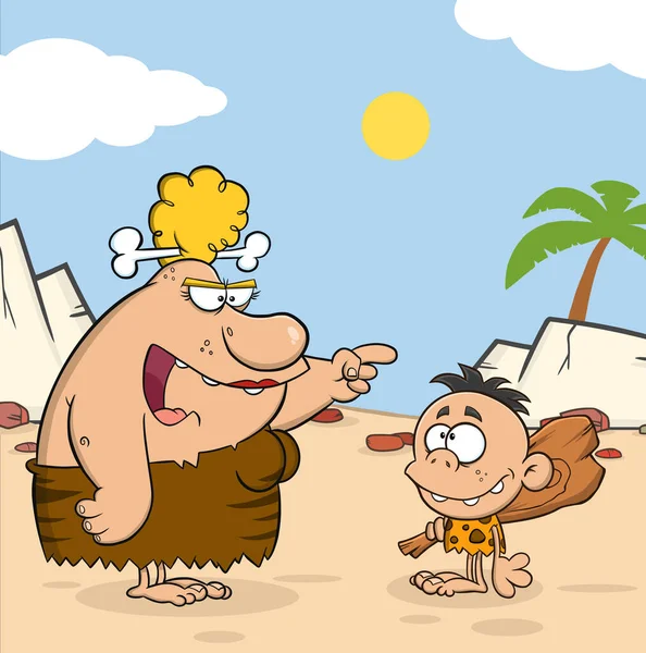 Boze Grot Moeder Praat Met Caveman Boy Vector Illustratie Met — Stockvector