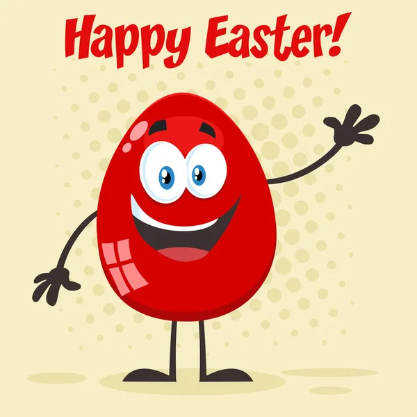 Red Easter Egg Cartoon Mascotte Personaggio Agitando Saluto Illustrazione Raster — Vettoriale Stock