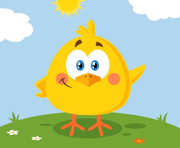 Sorrindo Yellow Chick Personagem Dos Desenhos Animados Acenando Para Saudação — Vetor de Stock
