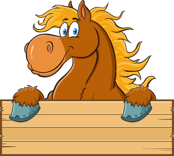 Brown Horse Cartoon Character Blank Wood Sign Illustrazione Raster Isolato — Vettoriale Stock
