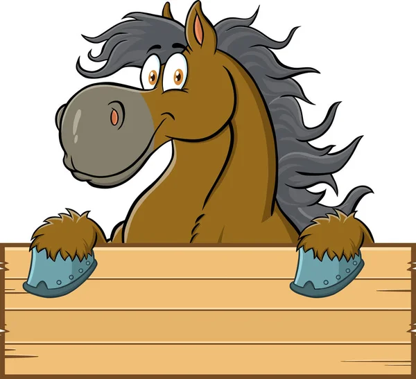 Horse Cartoon Χαρακτήρας Πάνω Από Ένα Κενό Ξύλινο Σημάδι Εικονογράφηση — Διανυσματικό Αρχείο