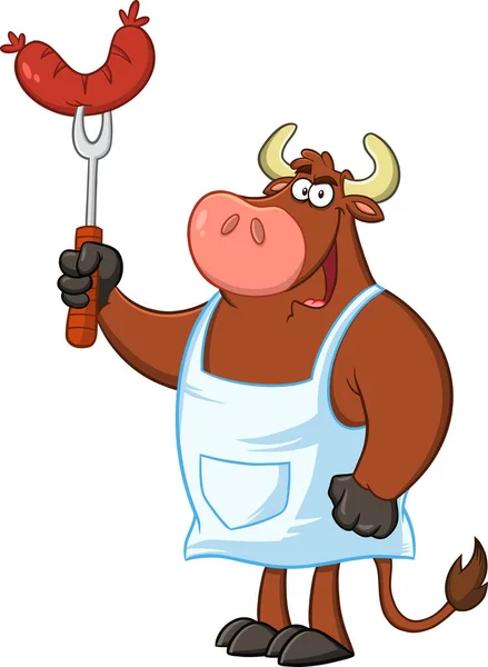 Bull Chef Personaggio Della Mascotte Del Fumetto Tenendo Salsiccia Sulla — Vettoriale Stock