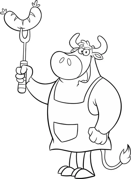 黑白牛大厨卡通吉祥物人物手持叉子香肠 白色背景下孤立的向量说明 — 图库矢量图片