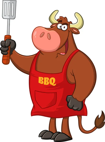 Bull Chef Personaggio Mascotte Cartone Animato Holding Scanalato Spatola Illustrazione — Vettoriale Stock