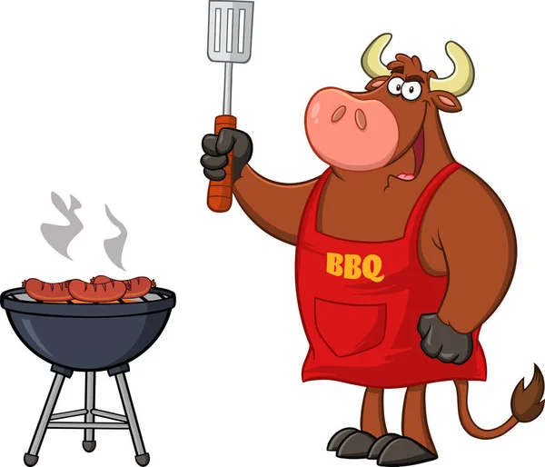 Bull Chef Cartoon Mascot Character Holding Sloded Spatula Barbecue 민간인 — 스톡 벡터