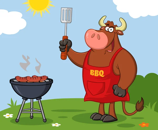 Bull Chef Cartoon Mascot Character Holding Slotted Spatula Barbecue Vector — Stock Vector