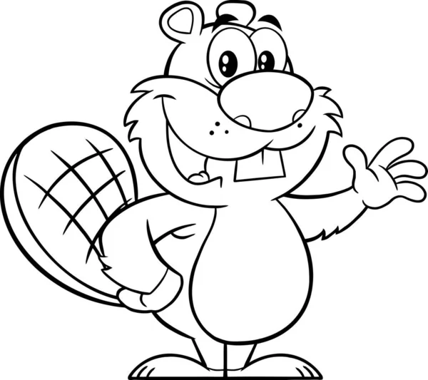 Black White Beaver Cartoon Mascot Character Waving Vector Illustration Isolated — Stock Vector