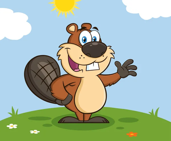 Beaver Cartoon Mascot Character Waving Greeting Vector Illustration Background — Stock Vector