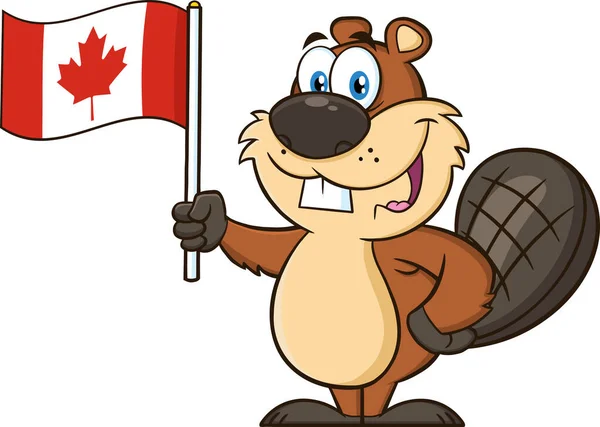 Mascotte Mignonne Castor Portant Drapeau Canadien Illustration Vectorielle Isolée Sur — Image vectorielle