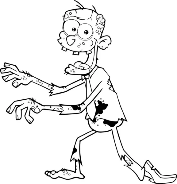 Black White Funny Zombie Cartoon Character Walking Vector Illustration Terisolasi - Stok Vektor