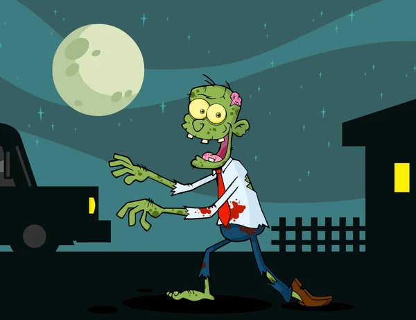 Zombie Postać Kreskówki Walking Night Raster Ilustracja Tle — Wektor stockowy