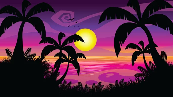 Coucher Soleil Violet Dessin Animé Plat Design Illustration Vectorielle Contexte — Image vectorielle