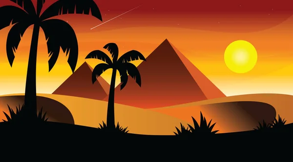 Ägypten Sonnenuntergang Mit Palmen Cartoon Flaches Design Vektor Illustration Hintergrund — Stockvektor