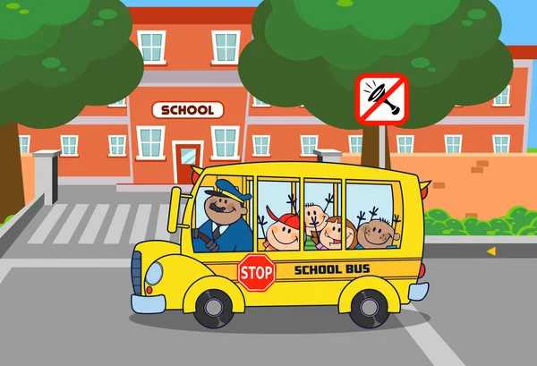 Bus Scolaire Avec Des Enfants Heureux Personnages Bande Dessinée Aller — Image vectorielle