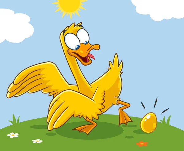 Altın Yumurtalı Altın Kaz Çizgi Karakteri Peyzaj Arkaplanlı Raster Resimleri — Stok Vektör