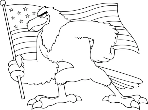 Black White Eagle Bird Cartoon Charakter Schwenkt Amerikanische Flagge Raster — Stockvektor