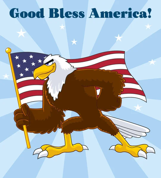 Eagle Bird Cartoon Charakter Schwenkt Amerikanische Flagge Raster Illustration Mit — Stockvektor