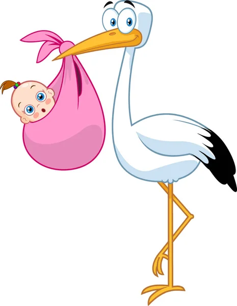 Stork Delivering Newborn Baby Girl Inglés Ilustración Trama Aislada Sobre — Vector de stock