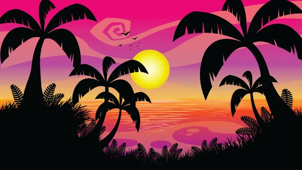 Pink Sunset Cartoon Flat Design Raster Illustration Background — Stock Vector