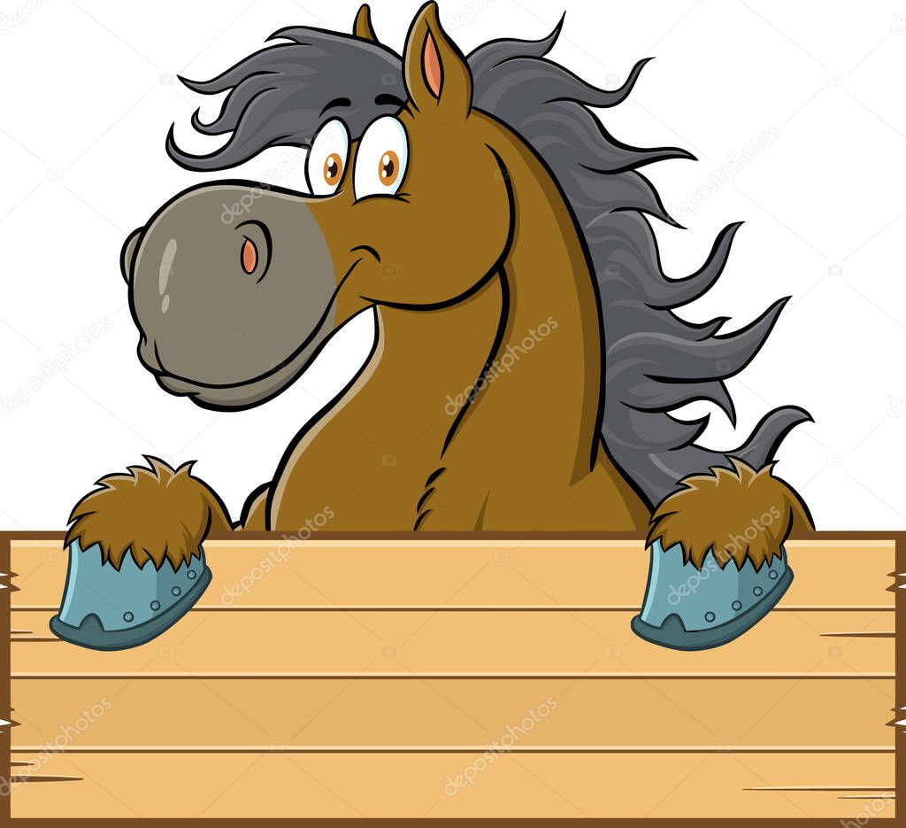 Horse Cartoon Character Over A Blank Wood Sign. Vector Illustration Isolated On White Background