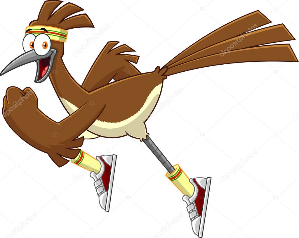 Roadrunner Bird Cartoon Character Jogging. Raster Illustration Isolated On White Background