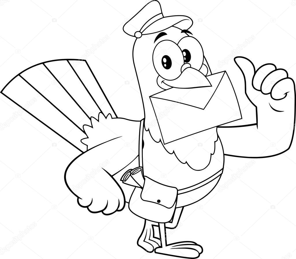 Black And White Pigeon Bird Cartoon Character Delivering Letter And Giving Thumbs Up. Raster Illustration Isolated On White Background