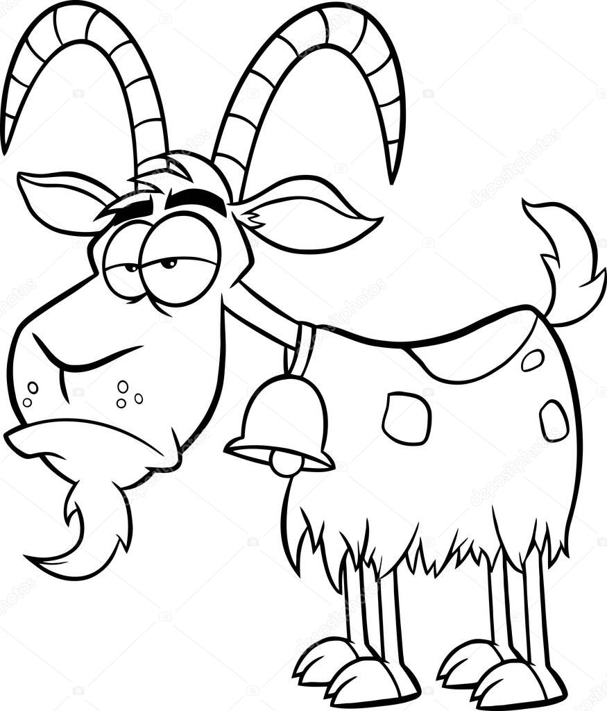 Black And White Grumpy Goat Cartoon Mascot Character. Raster Illustration Isolated On White Background
