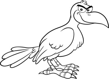 Gülümseyen Karga Kuş Çizgi Filmi Karakteri. Raster Resimleri Beyaz Arkaplanda İzole Edildi