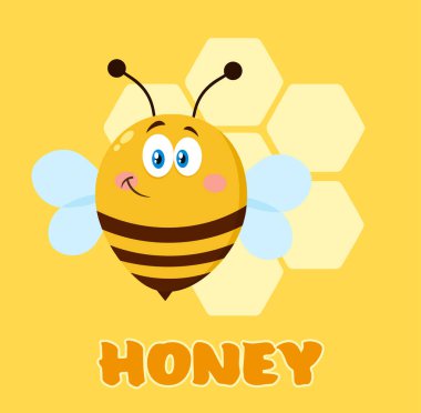 Gülen Arı Çizgi Filmi Karakteri. Raster Çizimi Düz Tasarım Arkaplan ve Metin