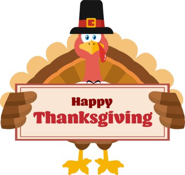 Pilgrim Turkey Kuş Çizgi Filmi Maskot Karakteri Bir İşaret Tutuyor. Raster Resimli Daire Tasarımı Beyaz Arkaplanda İzole Edildi