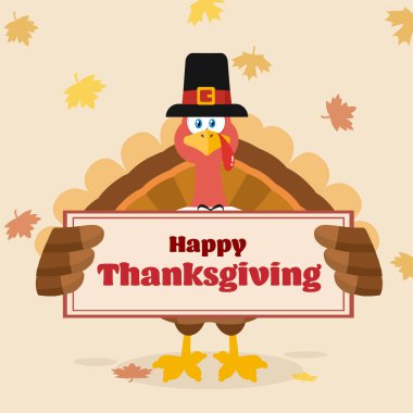 Pilgrim Turkey Kuş Çizgi Filmi Maskot Karakteri Bir İşaret Tutuyor. Arkaplanda Sonbahar Yaprakları ve Mutlu Şükran Günleri Dizi Tasarımı 