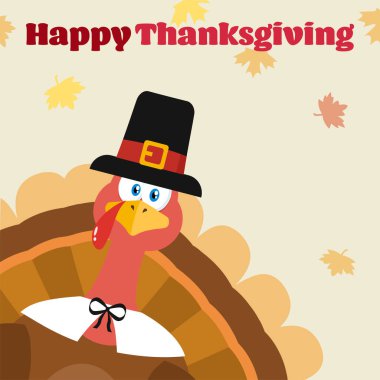 Pilgrim Turkey Kuş Çizgi Filmi Maskot Karakteri Köşeden Gizlice Bakıyor. Arkaplanda Sonbahar Yaprakları ve Mutlu Şükran Günleri Dizi Tasarımı 