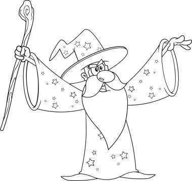 Eski Büyücü Çizgi Karakteri 'nin ana hatlarıyla Cane Sihir Yapıyor. Vektör Resimleri Beyaz Arkaplanda İzole Edildi