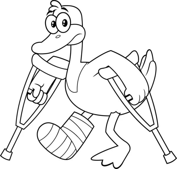 黒と白のアヒルの漫画のキャラクター松葉杖とぬいぐるみ足で 白い背景に孤立したラスターイラスト — ストックベクタ