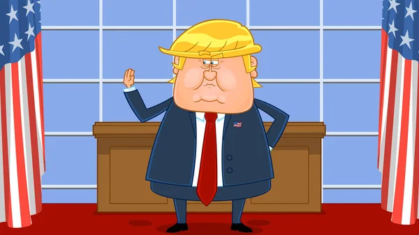 Personaje Dibujos Animados Del Presidente Donald Trump Levantó Mano Casa — Archivo Imágenes Vectoriales